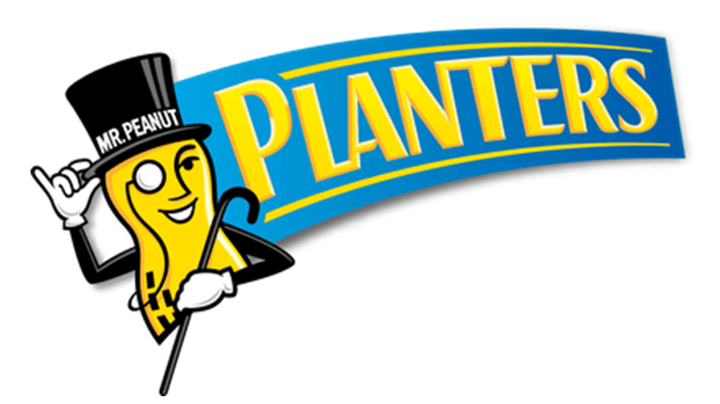The Planters logo is pictured, containing the character Mr. Peanut on the left (a peanut with a monocle, cane and top hat) and beside him (in yellow font on a blue background) is the word Planters.
