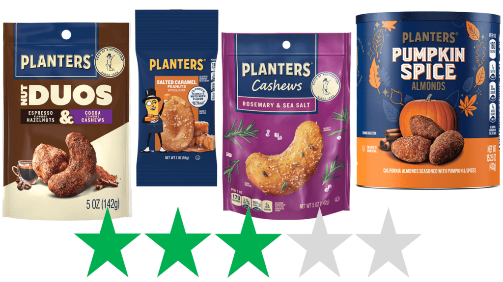 Planters nuts - Green Stars rating for social and environmental impact. The image shows four Planters products and below them a graphic showing a score of 3/5 Green Stars for social and environmental impact.