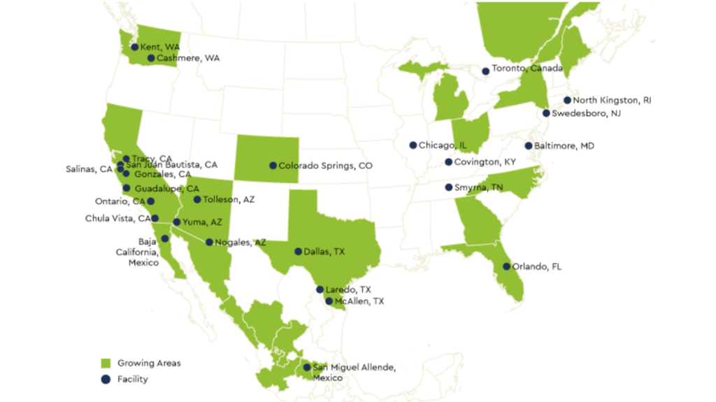 A map of North America is shown with Taylor Farms growing areas and facilities marked in. Farming takes place in several states across the US as well as regions in Canada and Mexico (Earthbound Farm ethical rating)