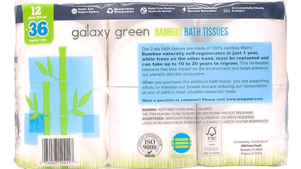 A photo of Galaxy Green bamboo bath tissue, back of package. The FSC 100% logo is visible and an ISO 9000 certification logo. Text on the package discusses the benefits of bamboo fibers. 