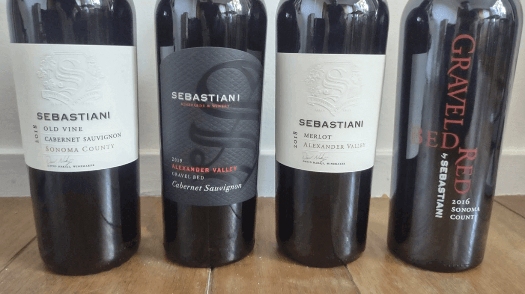 Four Sebastiani wines available on discount at the Grocery Outlet. Left to right: Old vine cabernet sauvignon, Gravel Bed cabernet sauvignon (Alexander Valley), merlot (Alexander Valley) and Gravel Bed Red.
