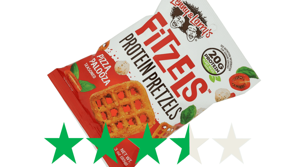 A bag of Lenny & Larry's Fitzels is pictured. Underneath is a graphic showing an ethical rating of 3.5 out of 5 Green Stars rating for social and environmental impact.