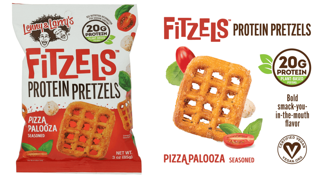 A package of Lenny & Larry's Fitzels, (Pizza Palooza flavor) is shown. Next to it is an image of the pretzel and a certified vegan logo.