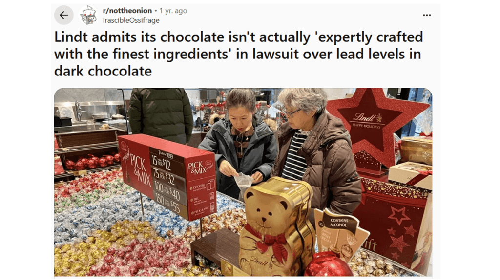 A Reddit post is pictured, with the headline: Lindt admits its chocolate isn't actually "expertly crafted with the finest ingredients" in lawsuit over lead levels in dark chocolate.