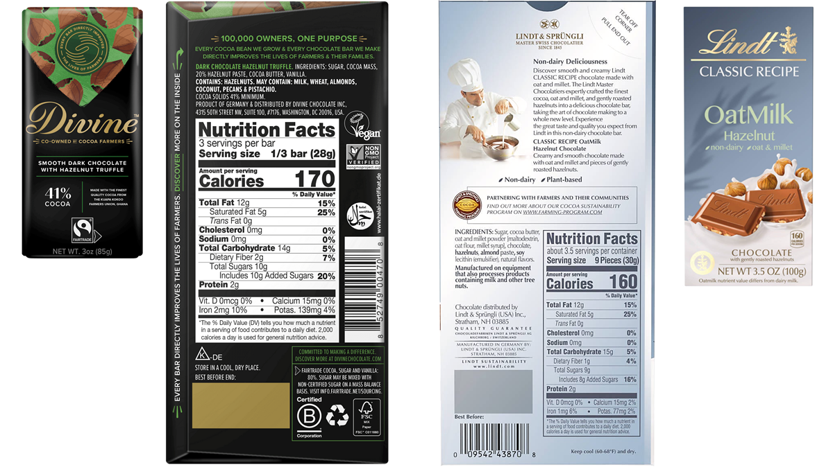 Vegan hazelnut chocolate from Lindt and Divine are pictured, focusing on the back of each package. The Nutrition Facts are similar while ingredients are quite different. The Divine bar has more communication on ethical aspects of the product, with logos for B-Corp, FSC-certified, and vegan.