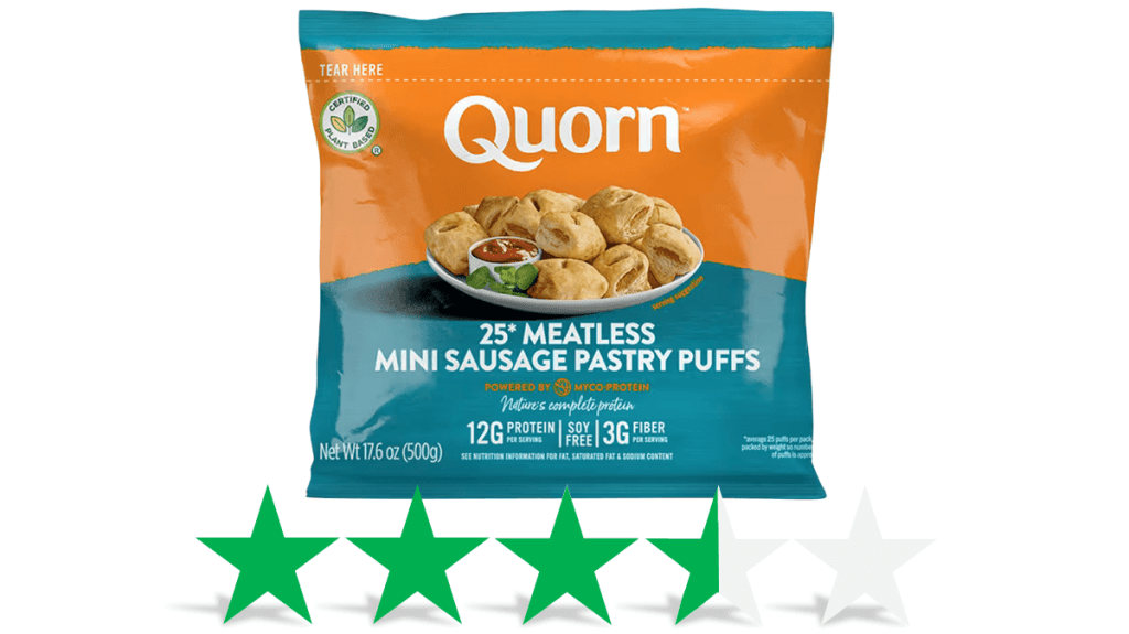A package of Quorn vegan mini sausage pastry puffs is shown. Underneath is a graphic showing an ethical rating of 3.5 Green Stars rating for social and environmental impact