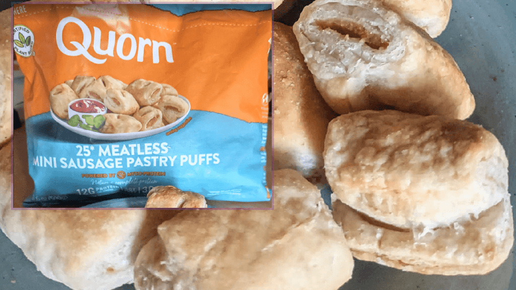 A plate of home baked Quorn vegan mini sausage pastry puffs is shown. The package is shown in an inset image.