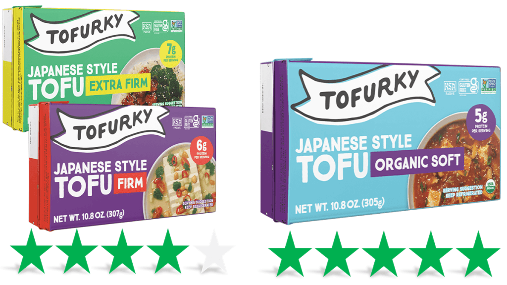 On the left are pictures of Tofurky Japanese style tofu firm and extra-firm varieties. Under this is a graphic showing a rating of 4/5 Green Stars for social and environmental impact. On the right is an image of Tofurky's organic soft tofu, with a graphic underneath showing an ethical score of 5/5 Green Stars.