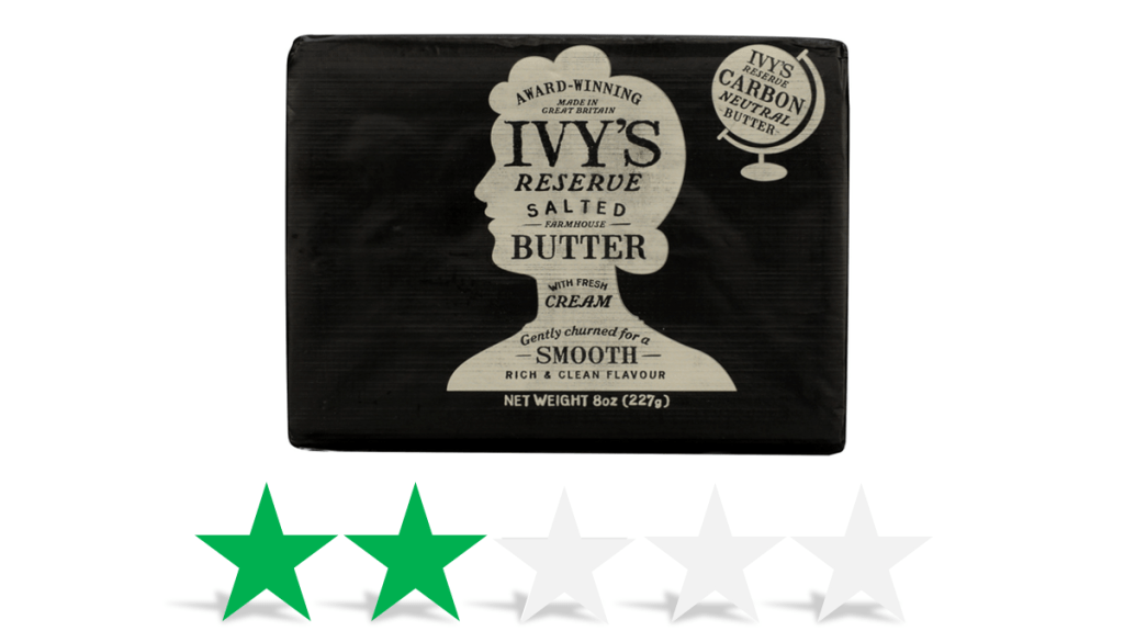 An image of Ivy's Reserve carbon-neutral butter from Wyke Farms. underneath is a graphic showing an ethical rating of 2/5 Green Stars for social and environmental impact.