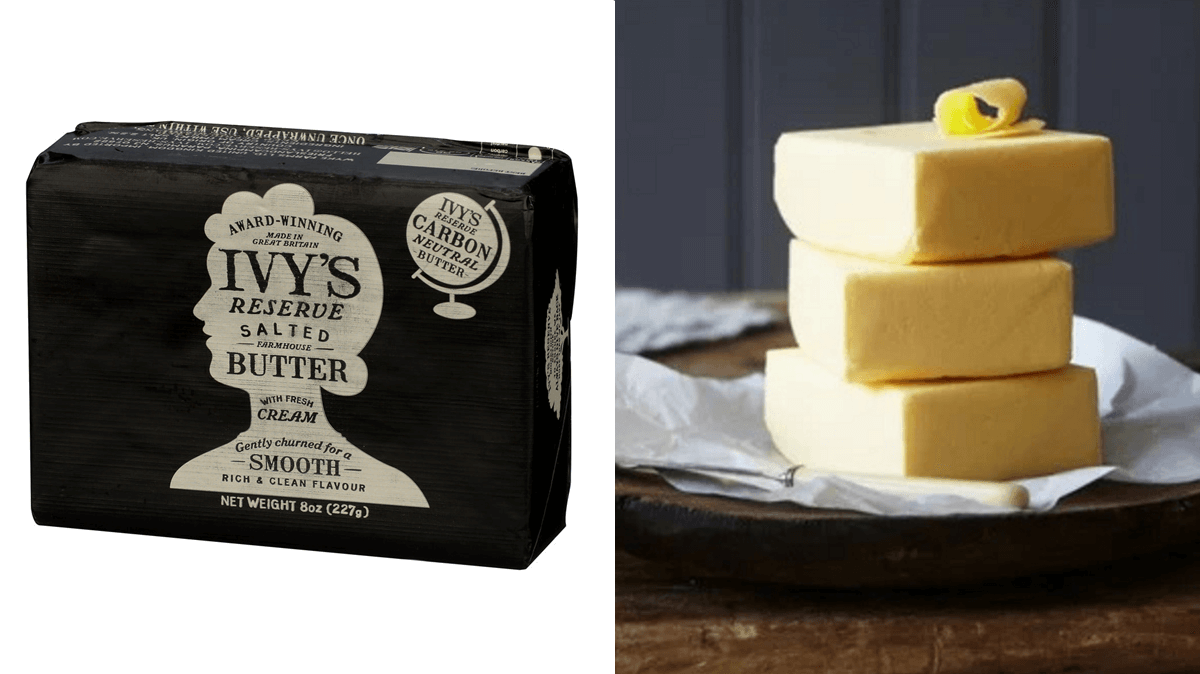 On the left is a package of Ivy's Reserve (carbon neutral) salted butter from Wyke Farms. On the right is a stack of three blocks of Ivy's butter on a plate, with a curl of butter on top.