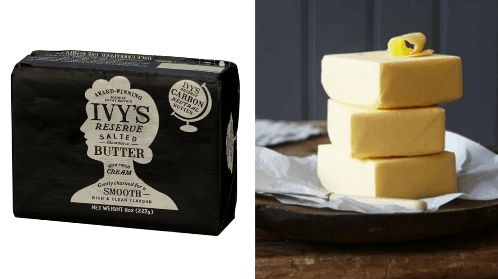 On the left is a package of Ivy's Reserve (carbon neutral) salted butter from Wyke Farms. On the right is a stack of three blocks of Ivy's butter on a plate, with a curl of butter on top.