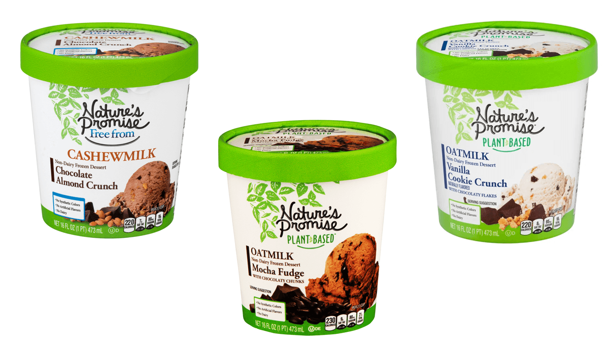 A picture of three pints of Nature's Promise plant-based ice creams that are available at the Grocery Outlet.