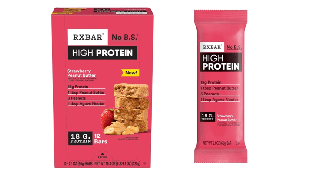 The new vegan RxBar is pictured: High protein strawberry peanut butter. On the left is a cardboard box containing 12 bars, and on the right is an individual bar (in a wrapper). The main color used on packaging is a shade of pink, reflecting the strawberry content.