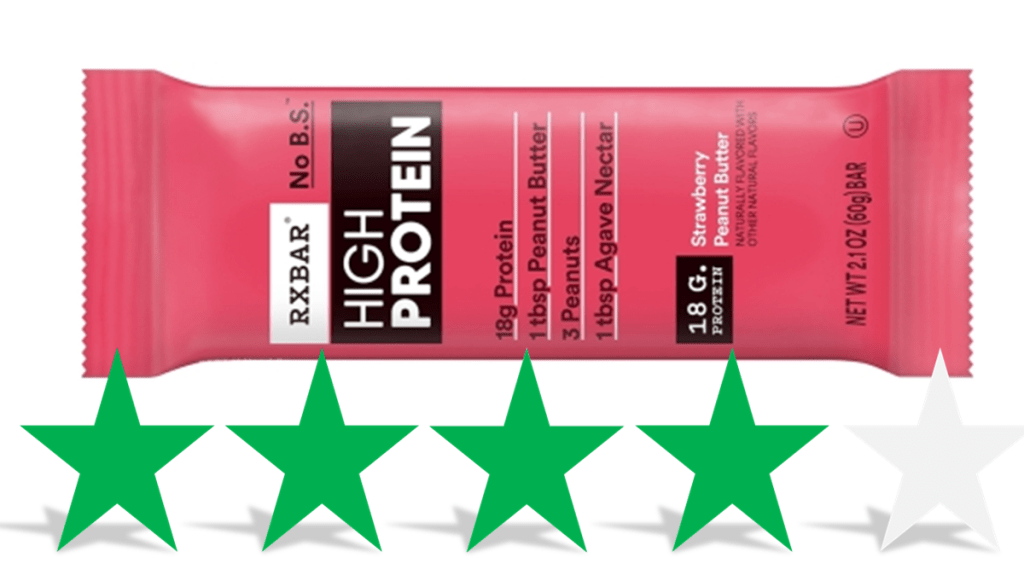 A new product from RxBar is pictured - High protein strawberry peanut butter. Underneath is a graphic showing an ethical rating of 4/5 Green Stars.