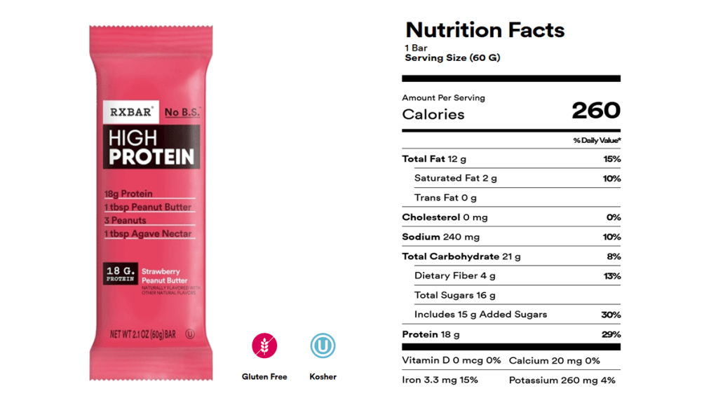 A new vegan RxBar is pictured: High protein strawberry peanut butter. To the right is the Nutrition Facts information panel. Each 60 gram bar provides 12 g fat, 2 g saturated fat, 21 g carbs, 4 g fiber, 16 g total sugars, and 18 g protein.