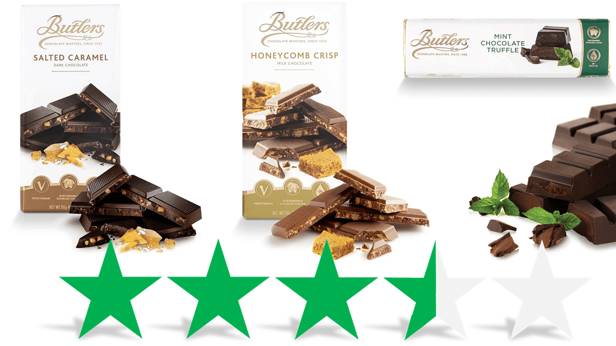 Three bars of Butler's Irish Chocolate bars are pictured. Under this is a graphic showing a an ethical rating of 3.5 Green Stars for social and environmental impact.