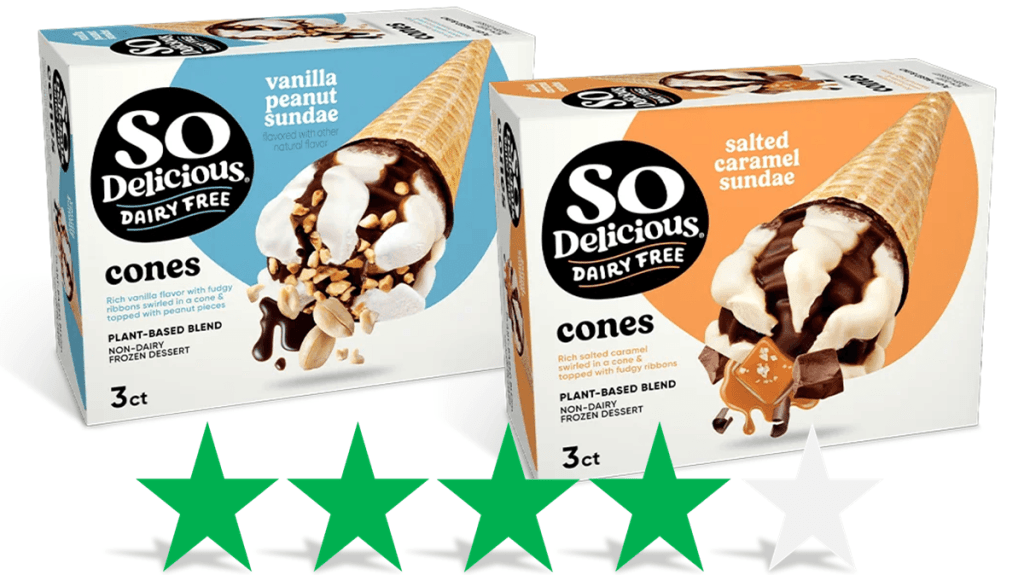 Two boxes of So Delicious vegan ice cream cones are pictured. Underneath is a graphic showing an ethical score of 4/5 green stars for social and environmental impact.