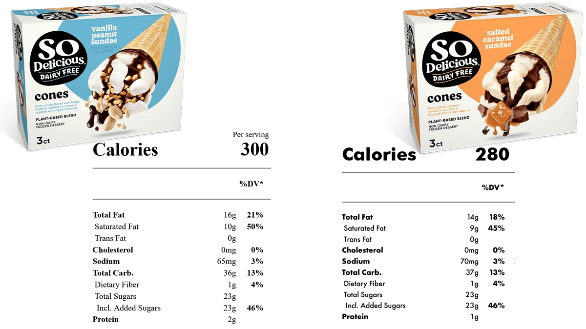 So Delicious vegan sundae cones are pictured along with their nutrition facts tables. Both varieties contain around 23 grams of added sugar, 10 g of saturated fat, and 1 g fiber per cone. The vanilla peanut variety contains more protein (2 g) compared to the salted caramel variety (1 g). 