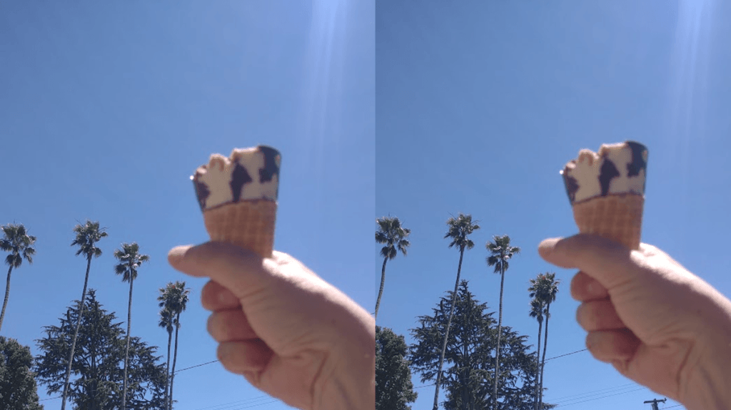 A So Delicious vegan sundae ice cream cone is held up to the sky like Lady Liberty's torch. This photo is shown twice.