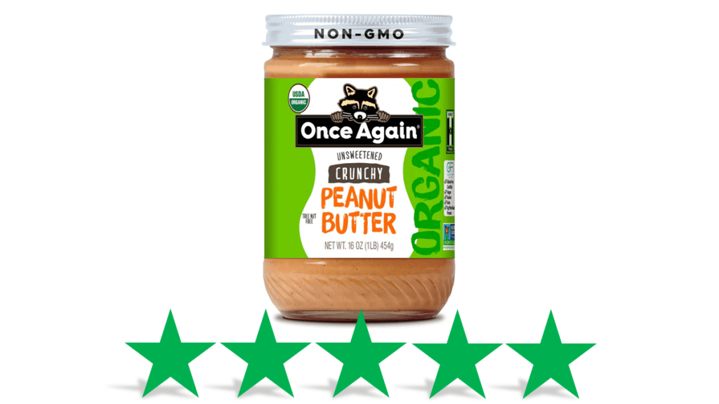A jar of Once Again crunchy peanut butter is pictured. Underneath is a graphic showing a score of 5/5 Green Stars for social and environmental impact.