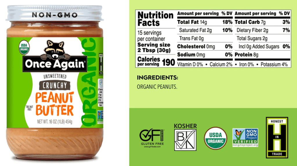A jar of Once Again crunchy peanut butter is pictured. Beside it is a screenshot of the Nutrition Facts panel and Certifications from the back label. Certifications include organic, vegan, kosher, and non-GMO.