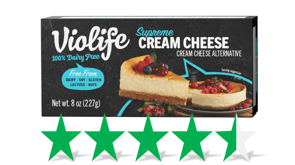 Violife cream cheese is pictured. Underneath is graphic showing a rating of 4.5 out of 5 green stars for social and environmental impact.