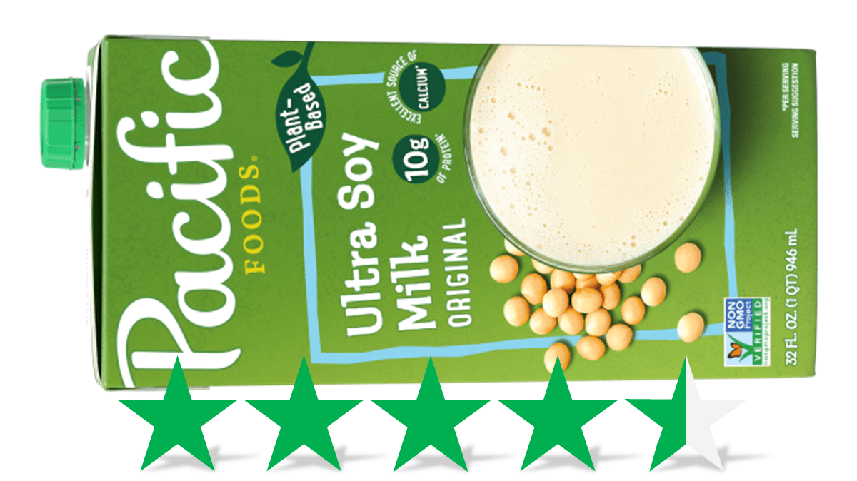 A carton of Pacific Foods Ultra Soy Milk is pictured, lying on its side. Underneath is a graphic showing an ethical rating of 4.5 out of 5 Green Stars for social and environmental impact